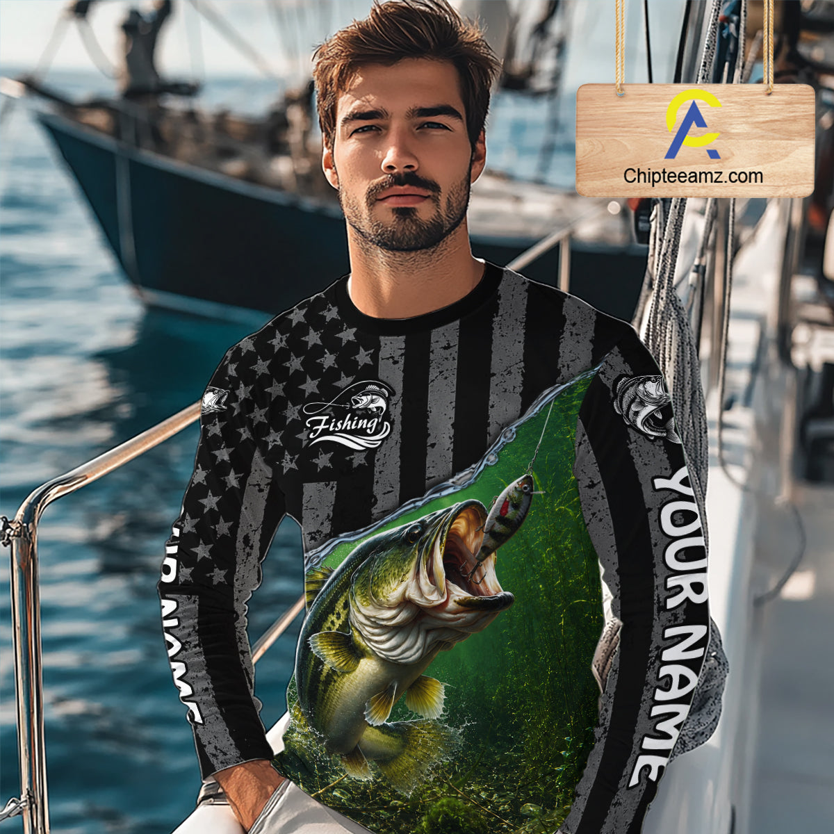 Gray Green Bass Custom Long Sleeve Fishing Shirt, American Flag Patriotic Bass Fishing Jersey NHT974