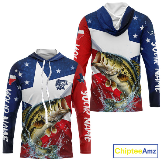 Hooded Design Texas Flag Bass Performance Fishing Shirts, Custom Texas Bass Fishing Jersey NHT609