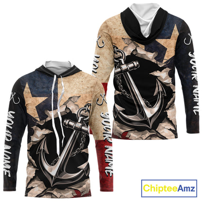 Patriotic Anchor Fishing Shirts Long Sleeve Hooded – Texas Flag Vintage Anchor Fisherman Shirt NHT610