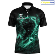 Load image into Gallery viewer, Green Grim Reaper Mens Golf Polo Shirt – Personalized Team Name Gothic Golf Jersey 