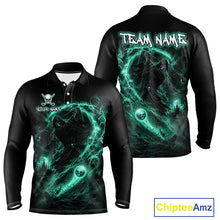 Load image into Gallery viewer, Black long-sleeve shirt with green wolf design on front and back, featuring 'Team Name' and 'Chiptee Amz' branding.