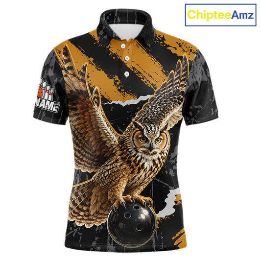 A short-sleeve polo shirt with a bold graphic print of an owl holding a bowling ball, set against a black and gold brushstroke pattern. The shirt features a custom name print on the right sleeve and a 'ChipteeAmz' logo in the top right corner.