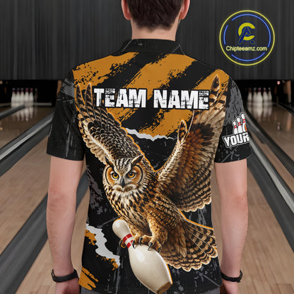 A person viewed from behind wearing a short-sleeve bowling shirt with a large owl graphic and 'TEAM NAME' text on the back, standing in a bowling alley. A circular 'Chipteeamz.