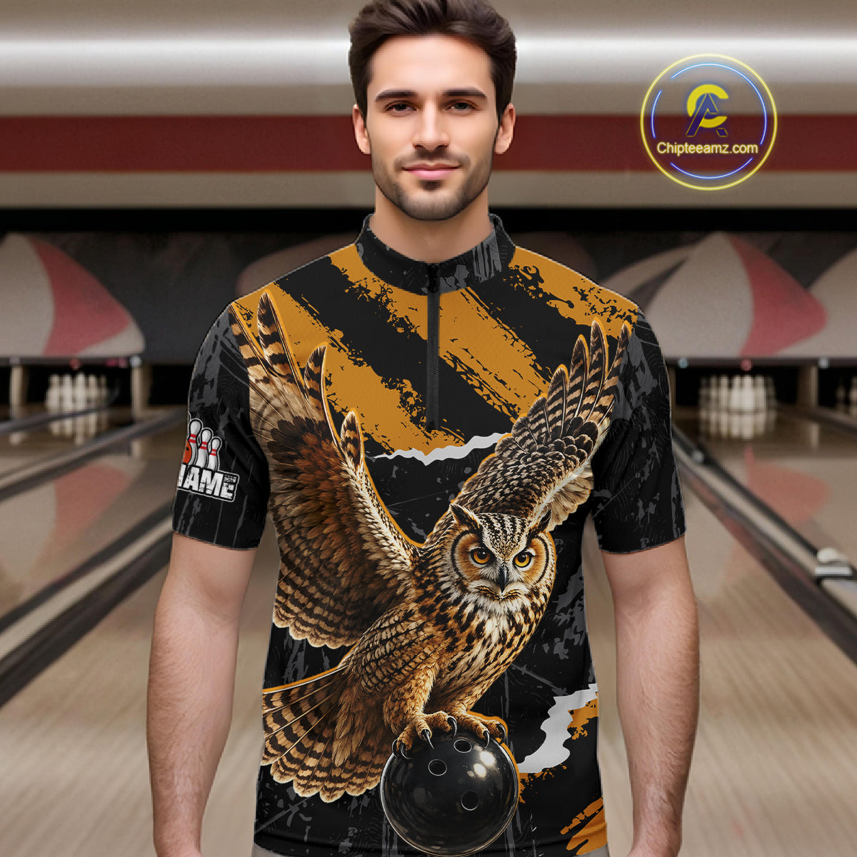 A man wearing a short-sleeve quarter-zip cycling jersey with a large owl graphic and bowling-themed background. The jersey features a black and mustard yellow striped pattern with a detailed owl design and a black bowling ball graphic near the hem.