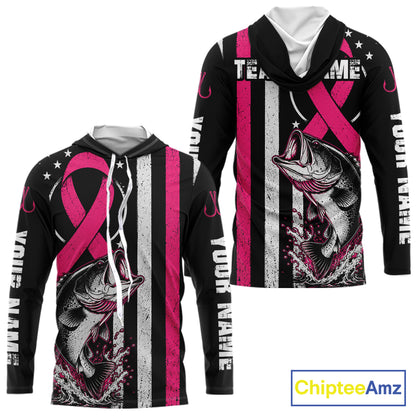Front and back views of a black long-sleeve hoodie with a pink and white striped design, a large fish graphic, and customizable white text on the sleeves and chest, shown on a white background with a ChipteeAmz logo in the corner.