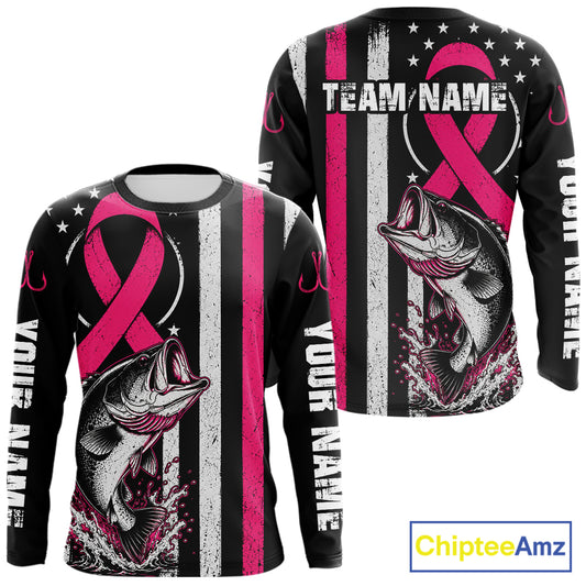 A long-sleeve black graphic shirt featuring a pink awareness ribbon, a fish illustration, distressed white and pink vertical stripes, and 'YOUR NAME' printed down both sleeves. A 'ChipteeAmz' logo is visible in the top right corner.