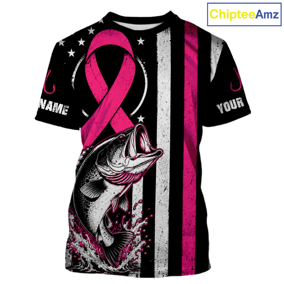 A customizable short-sleeve t-shirt with a black, white, and pink patriotic design featuring a jumping fish, a pink ribbon, and vertical stripes. The shirt includes placeholder text 'NAME' and 'YOUR' on the sleeves, and a 'ChipteeAmz' logo is visible in the top right corner.