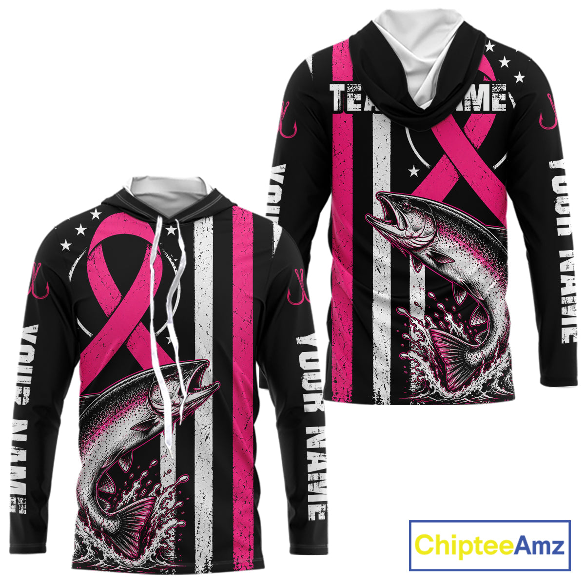 Front and back views of a black long-sleeve hoodie with a pink awareness ribbon, distressed vertical white stripes, a large fish graphic, and customizable white text placeholders on the sleeves and chest, shown on a white background with a ChipteeAmz logo.