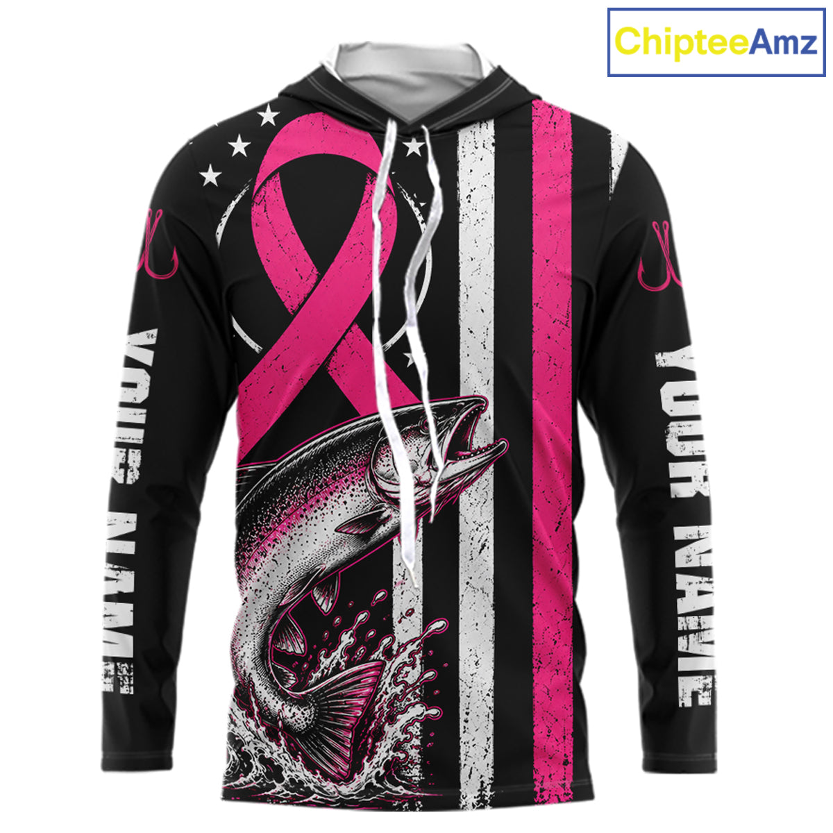 A black long-sleeve hoodie with a pink ribbon and fish graphic, featuring white text on the sleeves and a vertical black, white, and pink stripe design on the front. A 'ChipteeAmz' logo is visible in the top right corner.