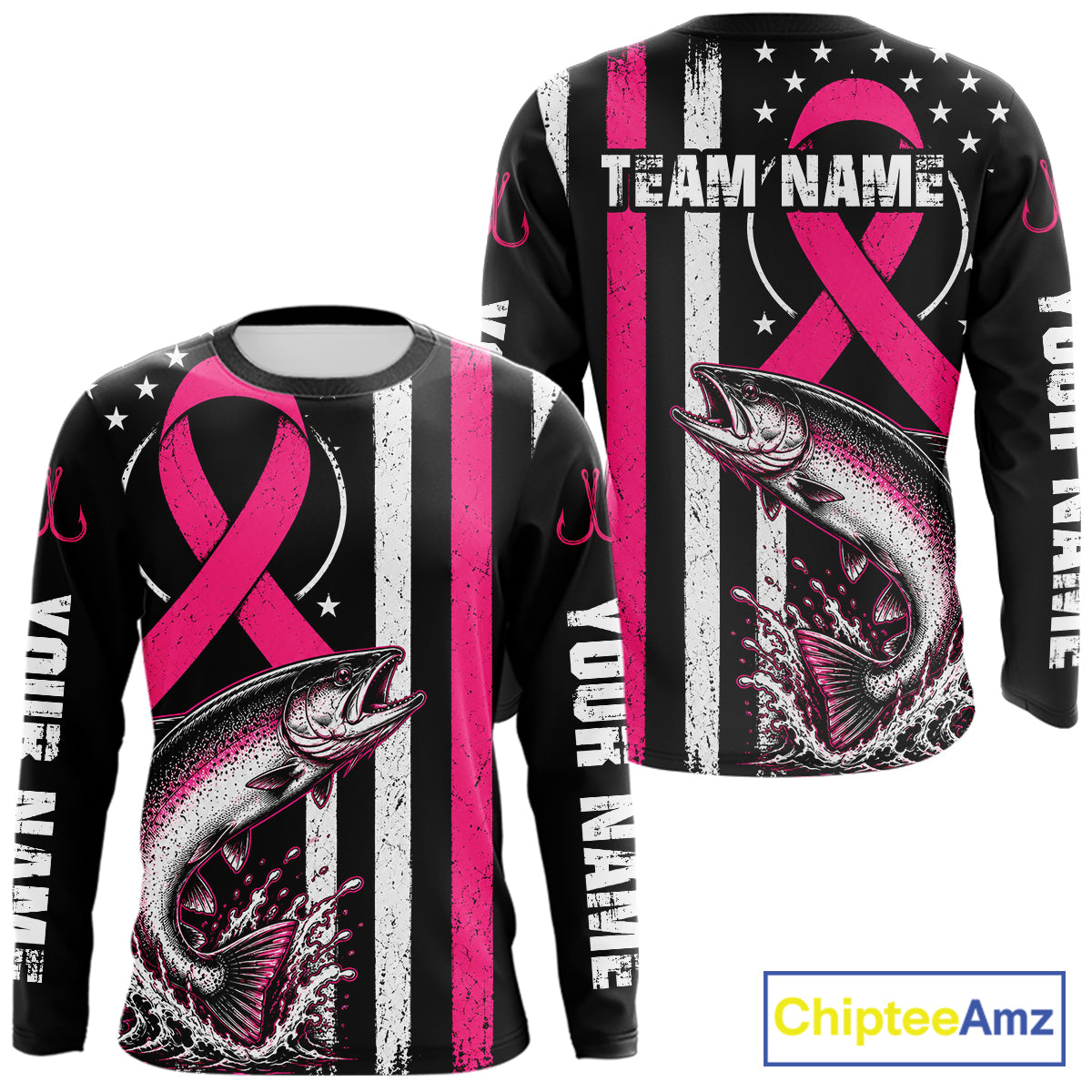 Front and back views of a long-sleeve custom fishing shirt on a white background. The shirt features a black base with vertical distressed white stripes, a large pink awareness ribbon, a detailed pink and white jumping fish graphic, and customizable text reading 'TEAM NAME' and 'YOUR NAME'.