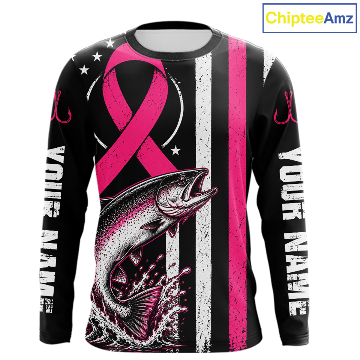 A long-sleeve black shirt with a pink ribbon and fish graphic, featuring vertical white text on the sleeves that reads 'YOUR NAME' and a pink vertical stripe. A 'ChipteeAmz' logo is visible in the top right corner.