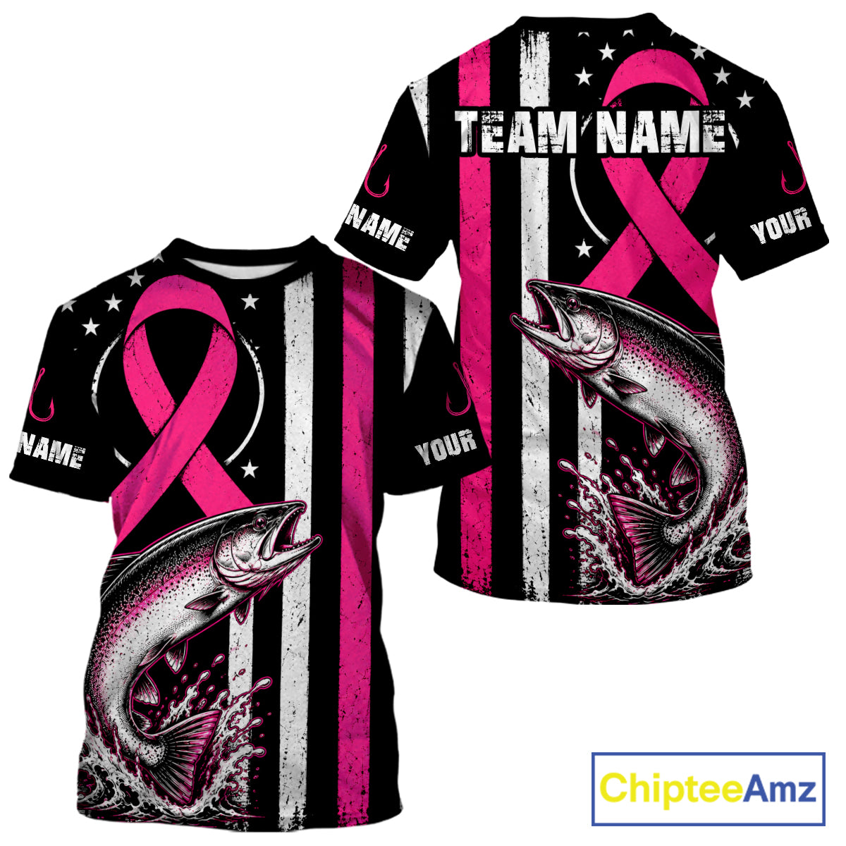 A customizable black short-sleeve t-shirt featuring a pink awareness ribbon, a leaping salmon graphic, and vertical distressed white and pink stripes. The shirt includes placeholder text 'NAME' and 'YOUR' on the sleeves, and a 'ChipteeAmz' logo is visible in the top right corner.