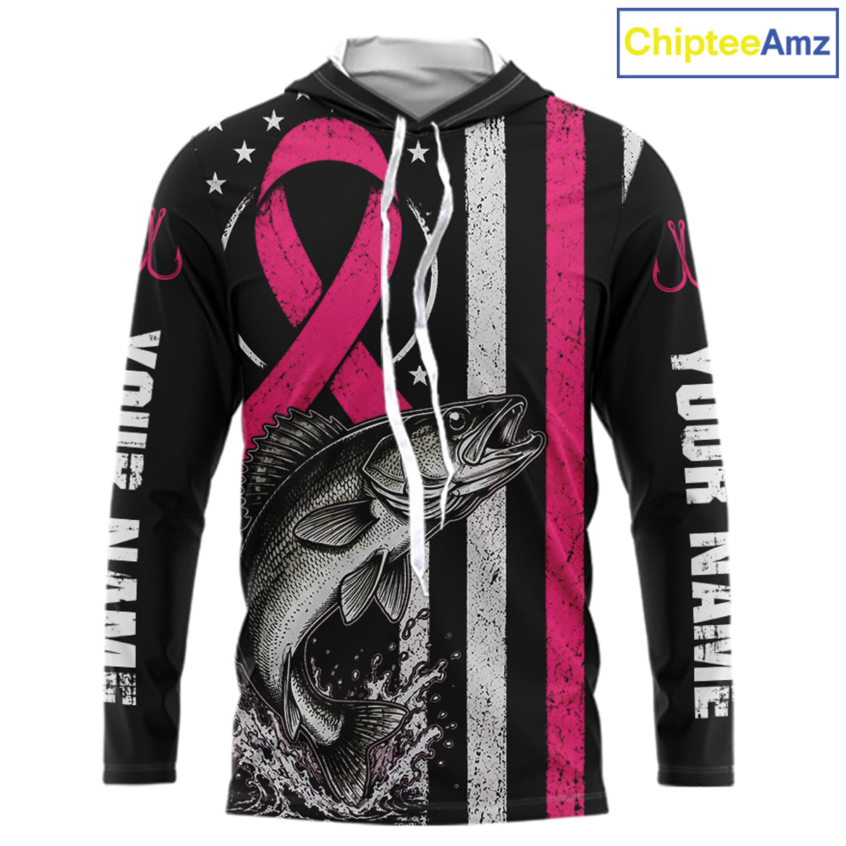 A black long-sleeve hoodie with a custom graphic print featuring a pink awareness ribbon, a fish, distressed white vertical stripes, and white text on the sleeves. The hood is lined with gray fleece.