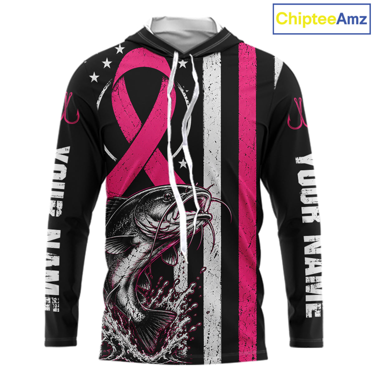 A black long-sleeve hoodie with a pink and white distressed design featuring a large pink ribbon, a fish graphic, white stars, and vertical text on the sleeves. The hood is open, showing a gray interior lining.