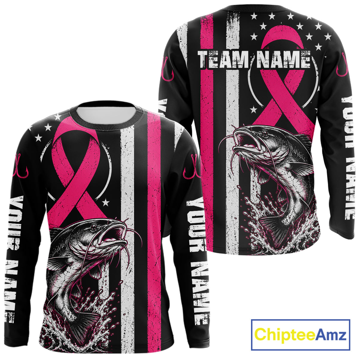 Front and back views of a long-sleeve black shirt with a pink and white striped design, a large fish graphic, stars, and customizable text placeholders. A ChipteeAmz logo appears in the bottom right corner.