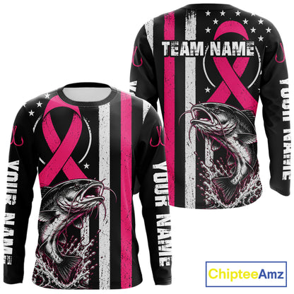 Front and back views of a long-sleeve black shirt with a pink and white striped design, a large fish graphic, stars, and customizable text placeholders. A ChipteeAmz logo appears in the bottom right corner.