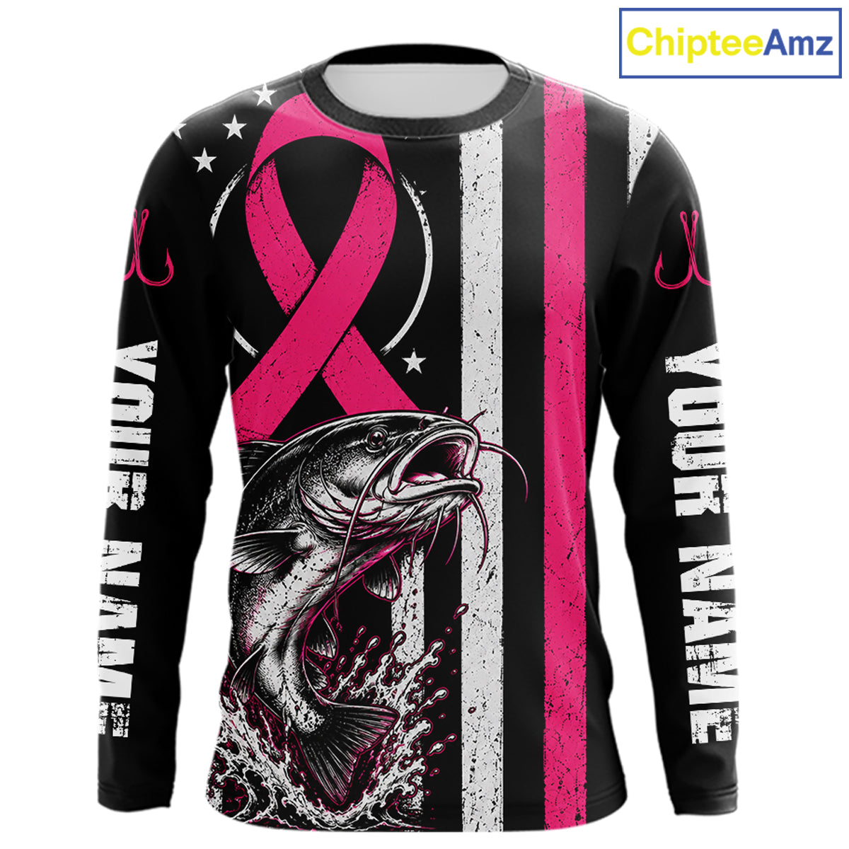 A long-sleeve black shirt with a pink ribbon, a fish graphic, vertical white and pink stripes, and placeholder text on the sleeves. The ChipteeAmz logo is visible in the top right corner.