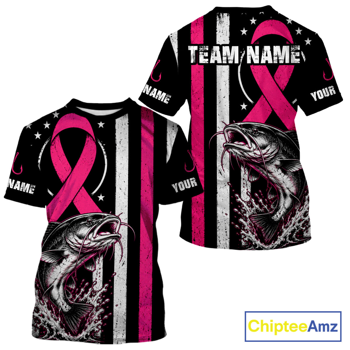A customizable short-sleeve t-shirt featuring a pink awareness ribbon, a large fish graphic, and vertical black, white, and pink stripes. The shirt includes placeholder text 'NAME' and 'YOUR' on the sleeves, and a 'ChipteeAmz' logo is visible in the top right corner.