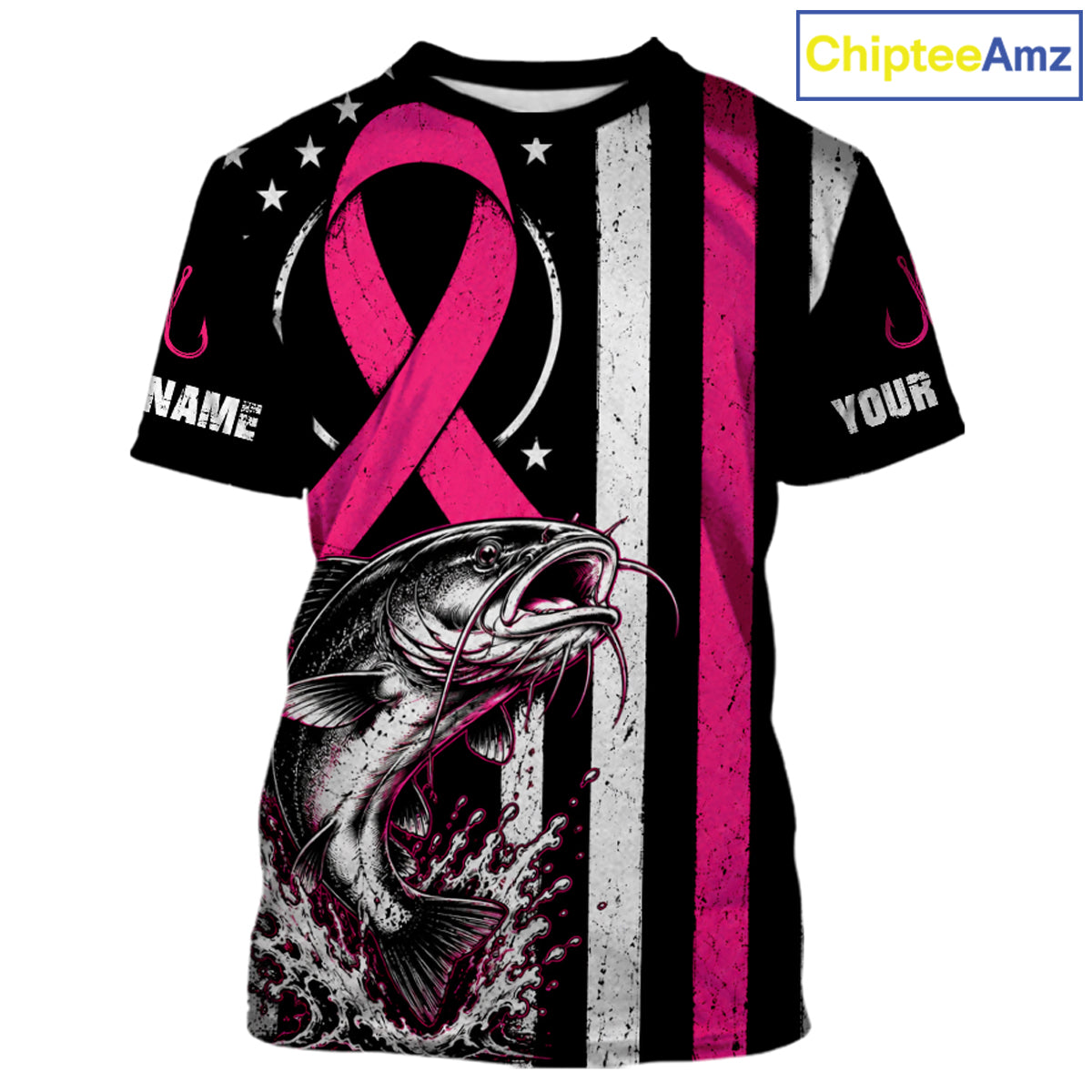 A customizable short-sleeve t-shirt featuring a pink awareness ribbon, a large fish graphic, and vertical black, white, and pink stripes. The shirt includes placeholder text 'NAME' and 'YOUR' on the sleeves, and a 'ChipteeAmz' logo is visible in the top right corner.