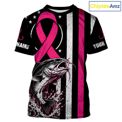 A customizable short-sleeve t-shirt featuring a pink awareness ribbon, a large fish graphic, and vertical black, white, and pink stripes. The shirt includes placeholder text 'NAME' and 'YOUR' on the sleeves, and a 'ChipteeAmz' logo is visible in the top right corner.