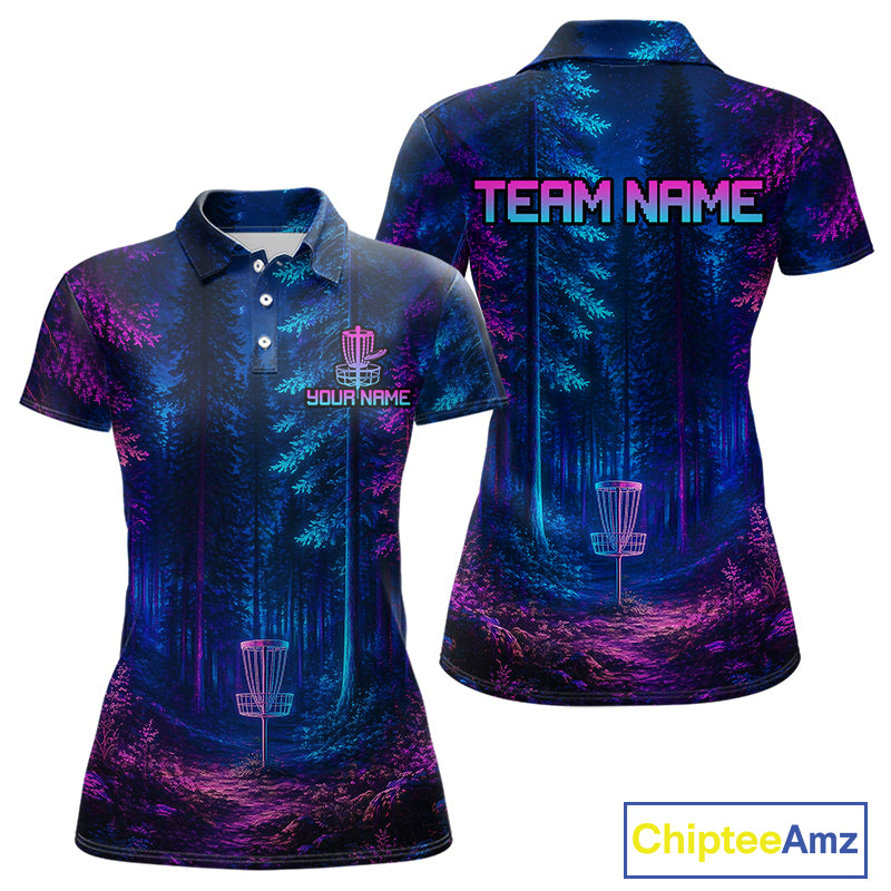Womens Disc Golf Polo Shirt Custom Forest Neon Disc Golf Basket, Personalized Disc Golf Shirts NHT837