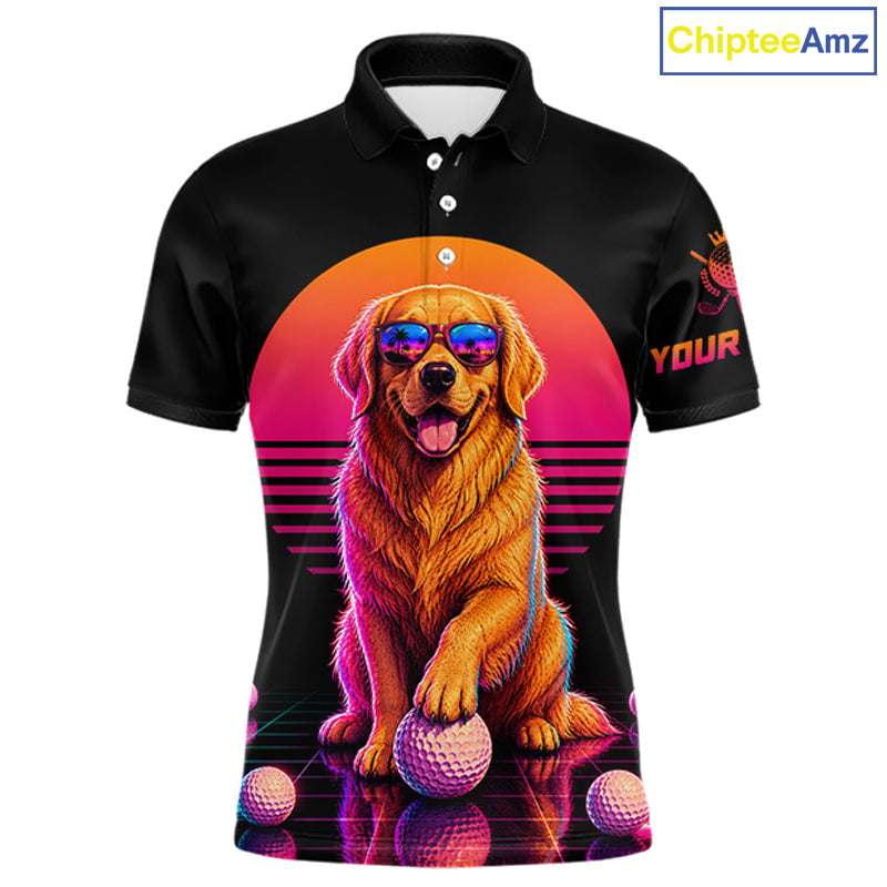 Personalized Golden Retriever Mens Golf Polo Shirt – Vintage Neon Golf Design