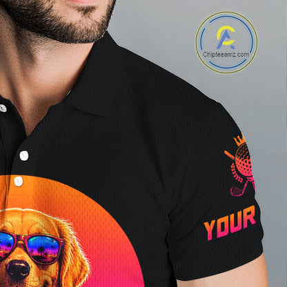 Personalized Golden Retriever Mens Golf Polo Shirt – Vintage Neon Golf Design