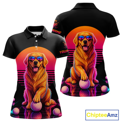 Personalized Golden Retriever Womens Golf Polo Shirt – Vintage Neon Golf Design