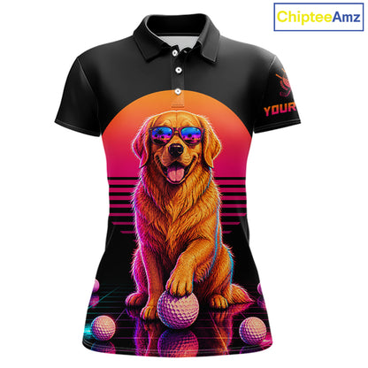 Personalized Golden Retriever Womens Golf Polo Shirt – Vintage Neon Golf Design