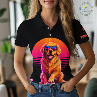 Personalized Golden Retriever Womens Golf Polo Shirt – Vintage Neon Golf Design NHT991
