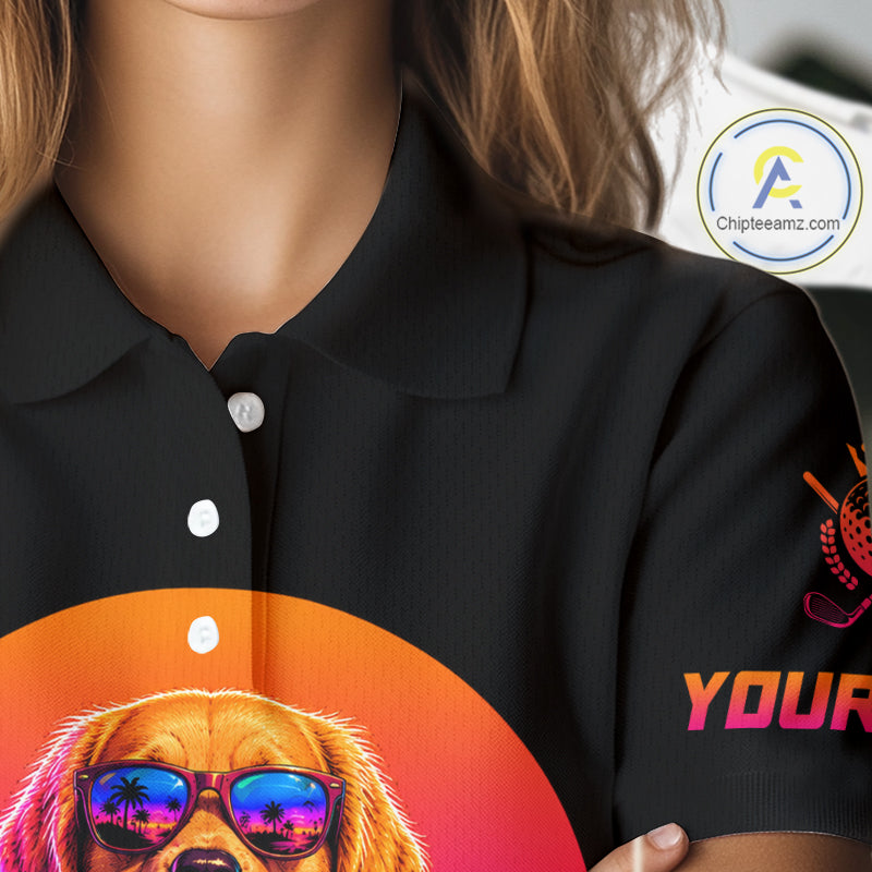 Personalized Golden Retriever Womens Golf Polo Shirt – Vintage Neon Golf Design