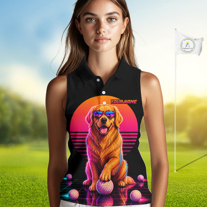 Personalized Golden Retriever Womens Sleeveless Golf Polo Shirt – Vintage Neon Golf Design NHT991