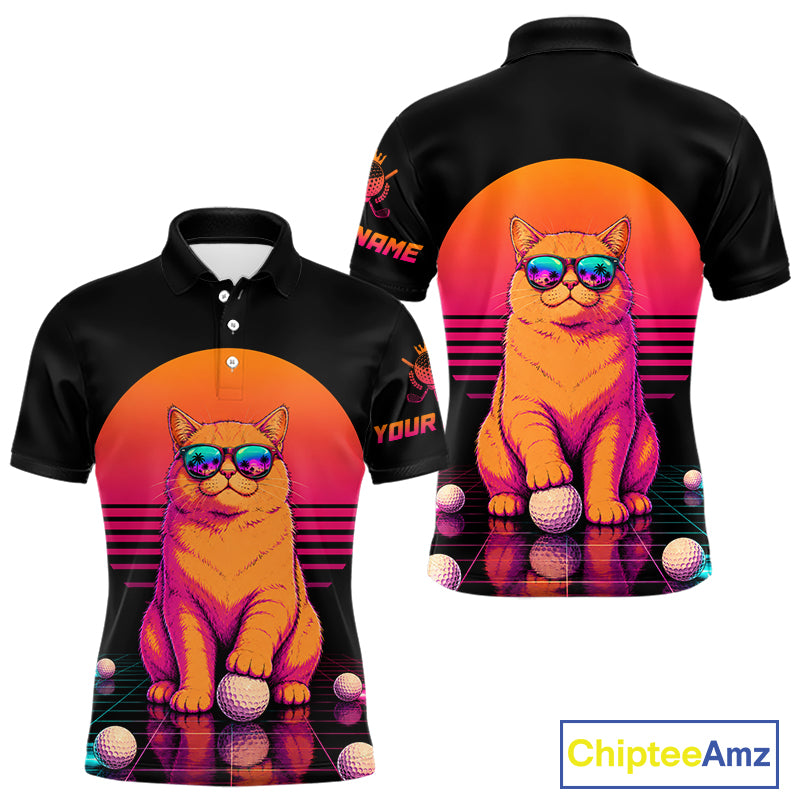 Personalized Funny Cat Mens Golf Polo Shirt – Vintage Neon Golf Design