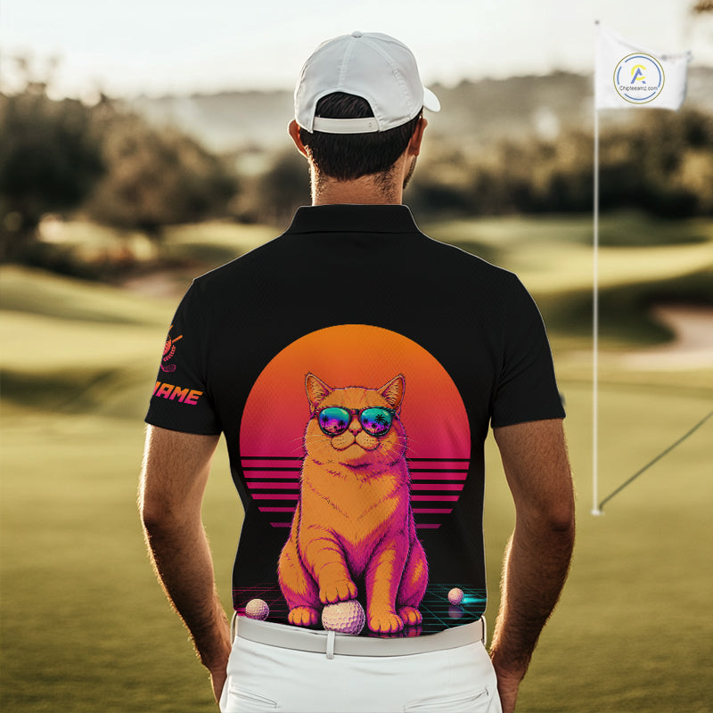 Personalized Funny Cat Mens Golf Polo Shirt – Vintage Neon Golf Design