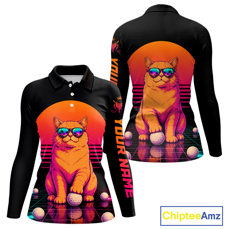 Personalized Funny Cat Womens Golf Polo Shirt – Vintage Neon Golf Design