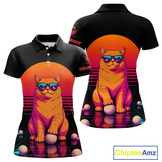 Personalized Funny Cat Womens Golf Polo Shirt – Vintage Neon Golf Design
