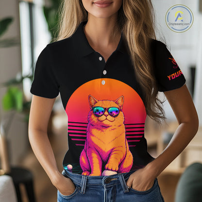 Personalized Funny Cat Womens Golf Polo Shirt – Vintage Neon Golf Design