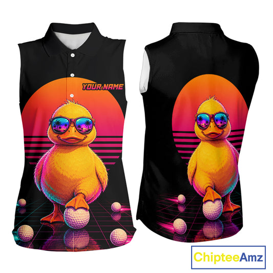 Personalized Funny Duck Cool Womens Sleeveless Golf Polo Shirt – Vintage Neon Golf Design NHT993