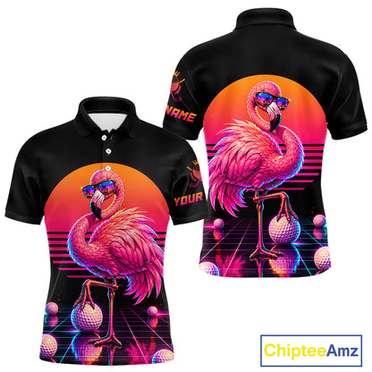 Personalized Funny Flamingo Mens Golf Polo Shirt – Vintage Neon Golf Design