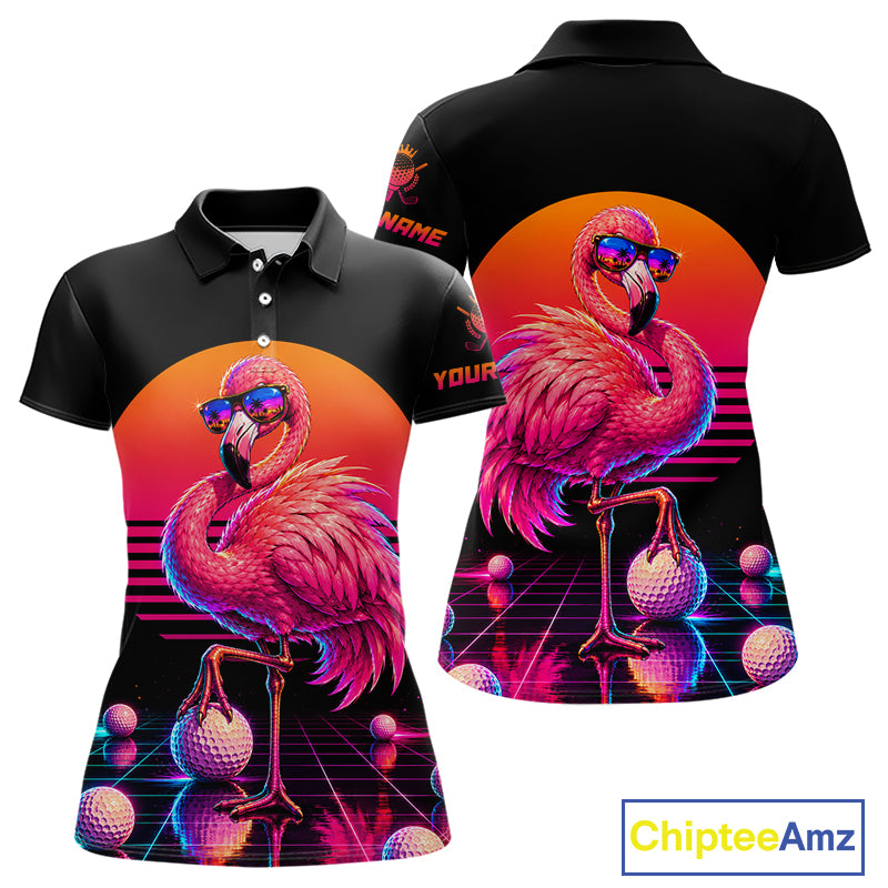 Personalized Funny Flamingo Womens Golf Polo Shirt – Vintage Neon Golf Design