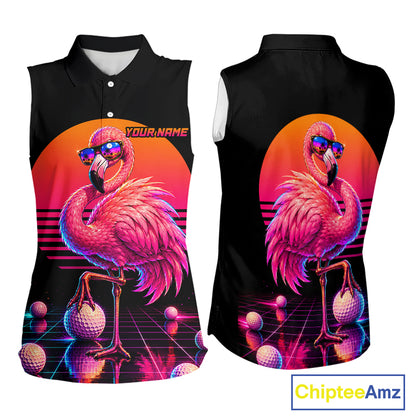 Personalized Funny Flamingo Womens Sleeveless Golf Polo Shirt – Vintage Neon Golf Design NHT994