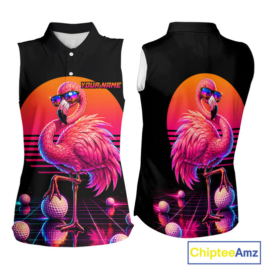 Personalized Funny Flamingo Womens Sleeveless Golf Polo Shirt – Vintage Neon Golf Design NHT994