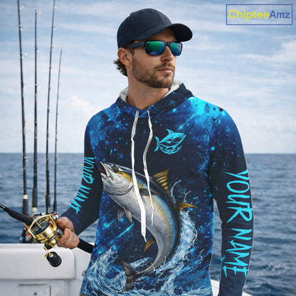 Personalized Tuna Saltwater Blue Long Sleeve Performance Fishing Shirts, Fishing Shirt Gift NHT430