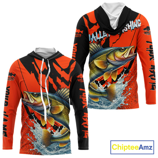 Orange Camo Walleye Fishing Custom Performance Long Sleeve Hooded, Walleye Fishing Jersey NHT432