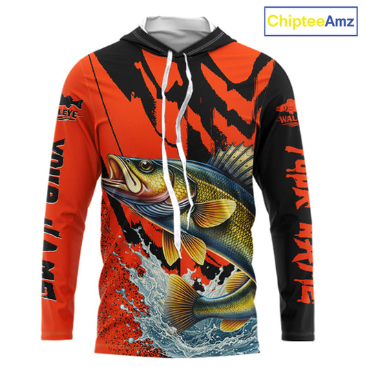 Orange Camo Walleye Fishing Custom Performance Long Sleeve Hooded, Walleye Fishing Jersey NHT432
