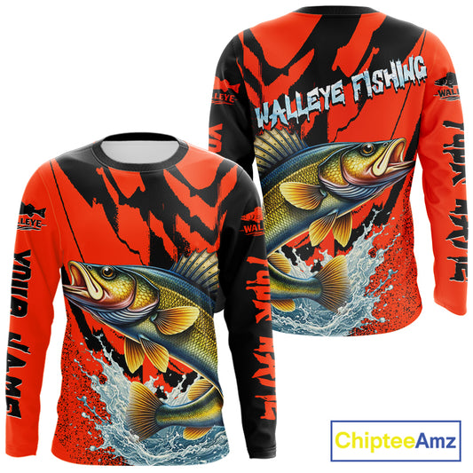 Orange Camo Walleye Fishing Custom Performance Long Sleeve, Walleye Fishing Jersey NHT432