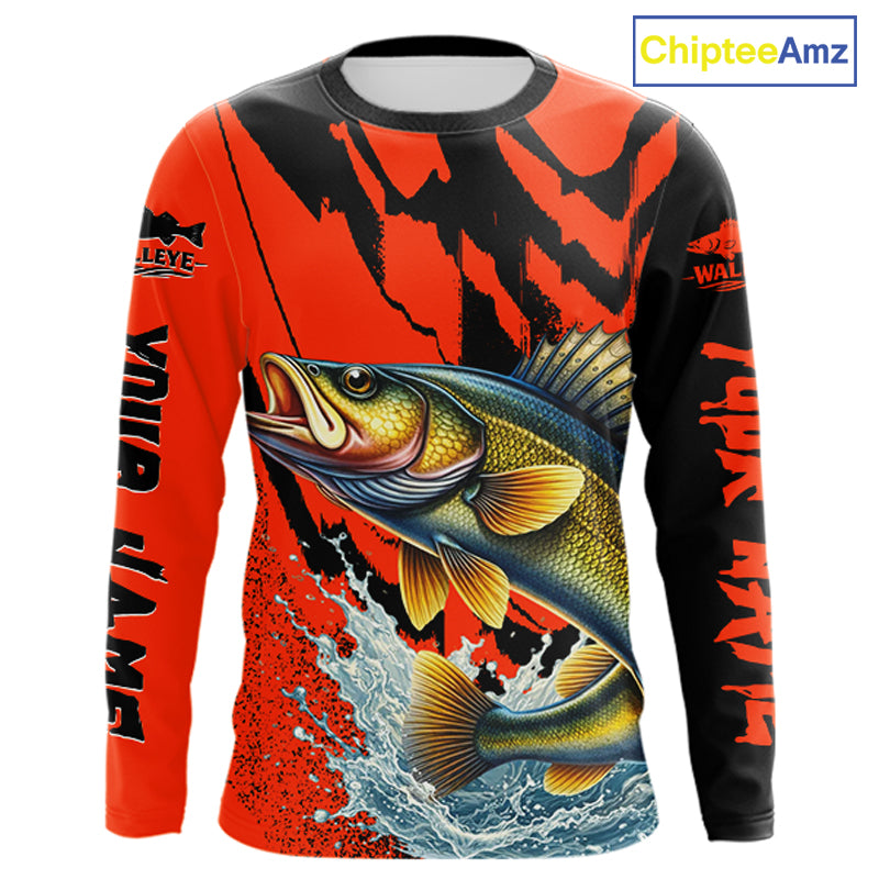Orange Camo Walleye Fishing Custom Performance Long Sleeve, Walleye Fishing Jersey NHT432
