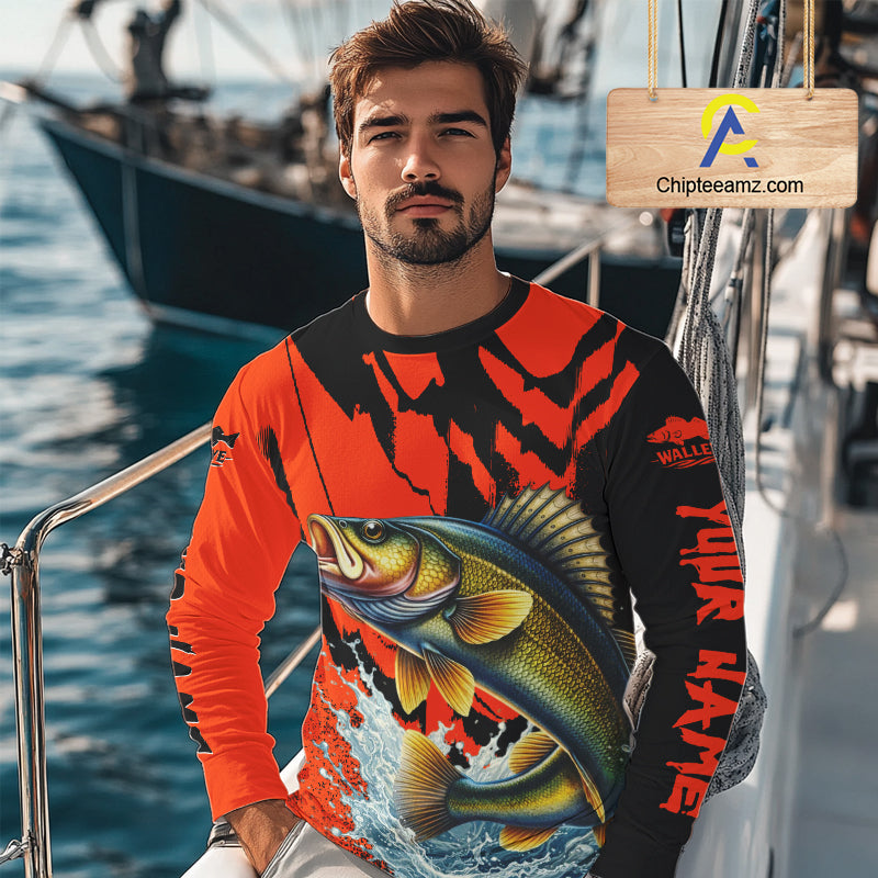Orange Camo Walleye Fishing Custom Performance Long Sleeve, Walleye Fishing Jersey NHT432