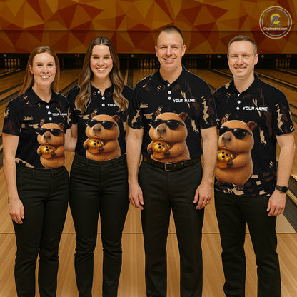 Funny Capybara Bowling Custom Polo Shirt, Quarter Zip Jersey, Personalized Team Name NHT1158