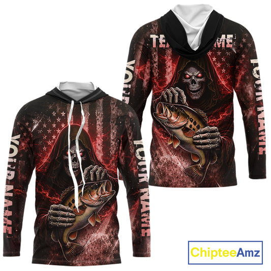 Hooded Custom Team Name Grim Reaper Bass Fishing With American Flag - Patriotic Bass Fishing Jersey|Red NHT629